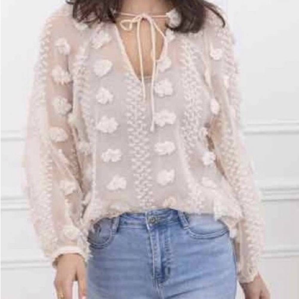 Calypso St. Barth Cream Bohemian Pom Pom Floral Semi Sheer Peasant Blouse